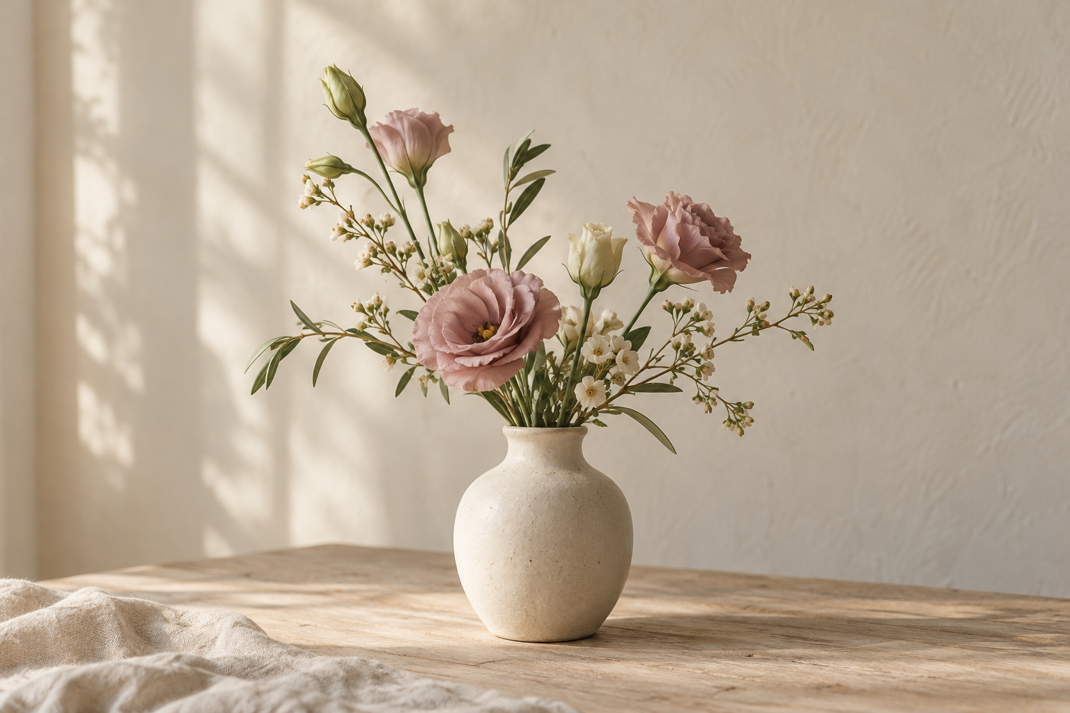 About Me ivory vase with mauve lisianthus