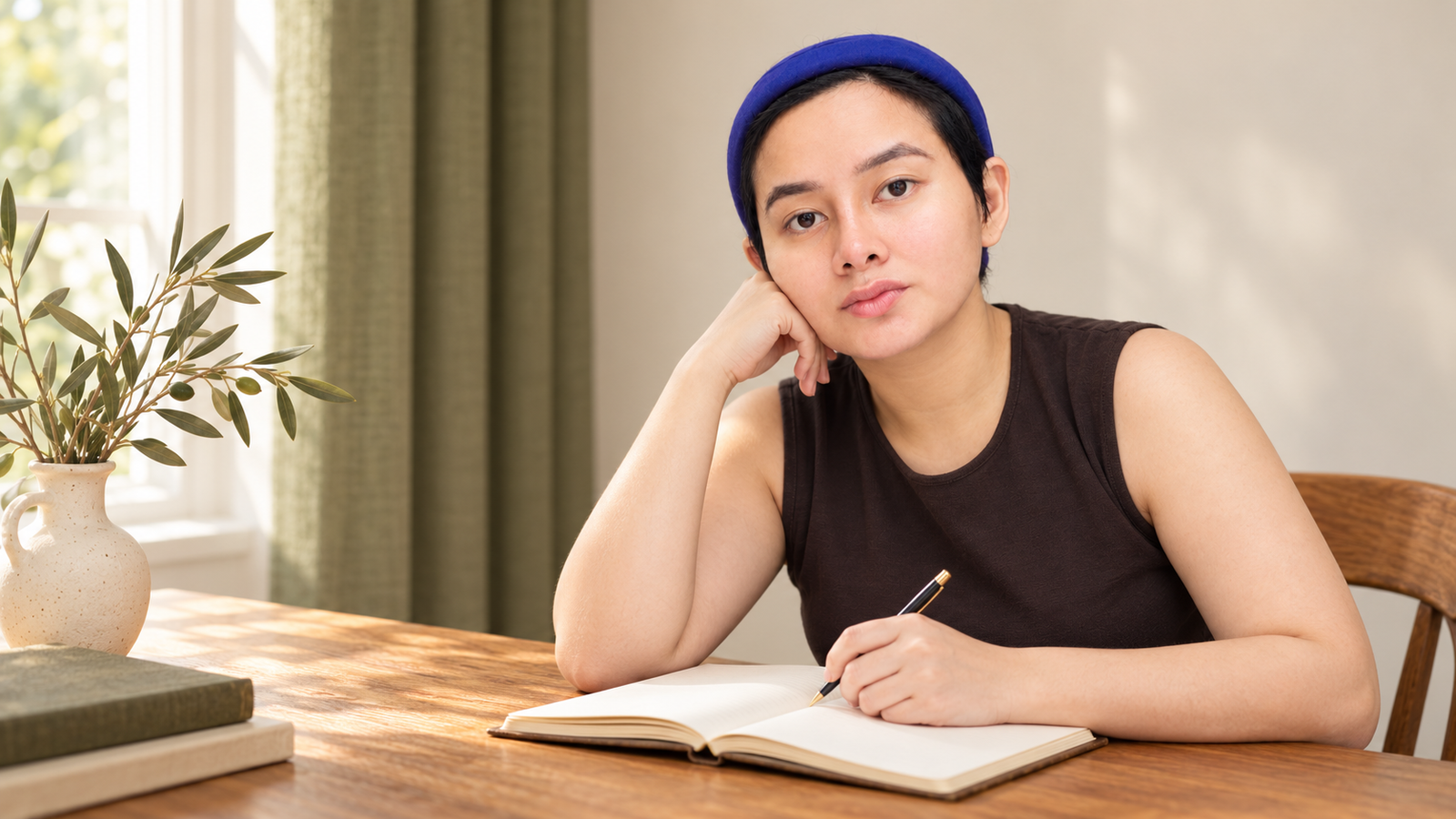 Writings thoughtful author at a warm writing desk